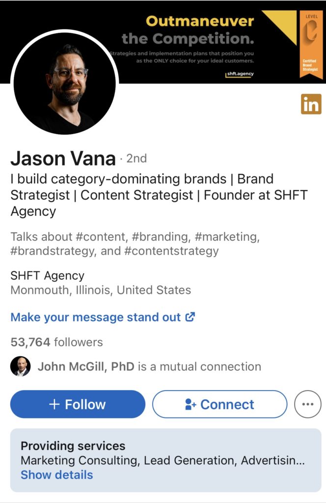 LinkedIn Summary for freelance consultants example: Jason Vana
