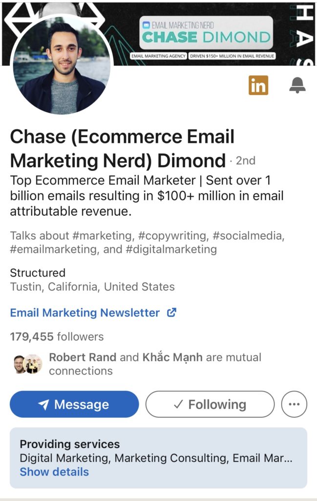 LinkedIn summary for freelance consultants example: Chase Dimond