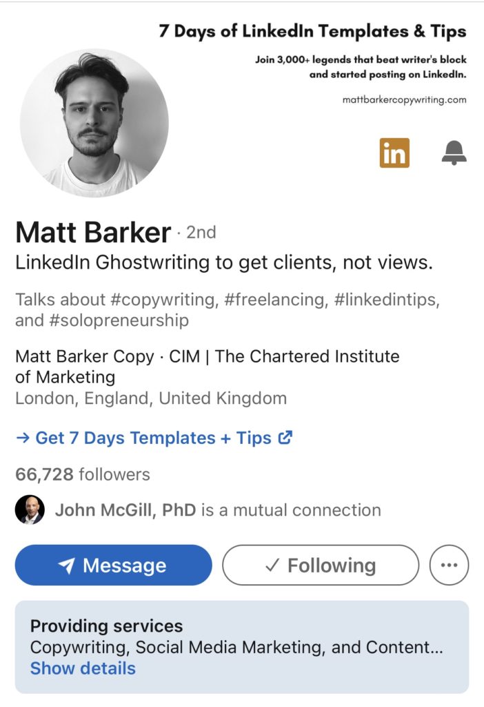 LinkedIn summary for freelance consultants example: Matt Barker