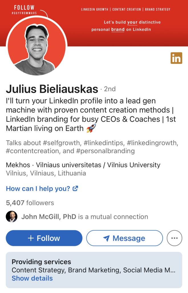 LinkedIn Summary for freelance consultants example: Julius Bieliauskas